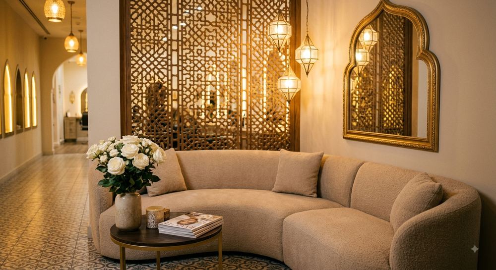 Salon lounge with Moroccan lattice screen and fresh roses