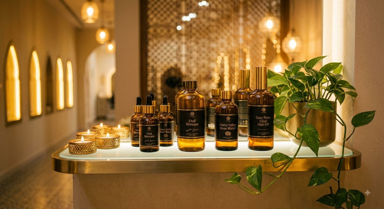 Amber apothecary bottles on a backlit shelf