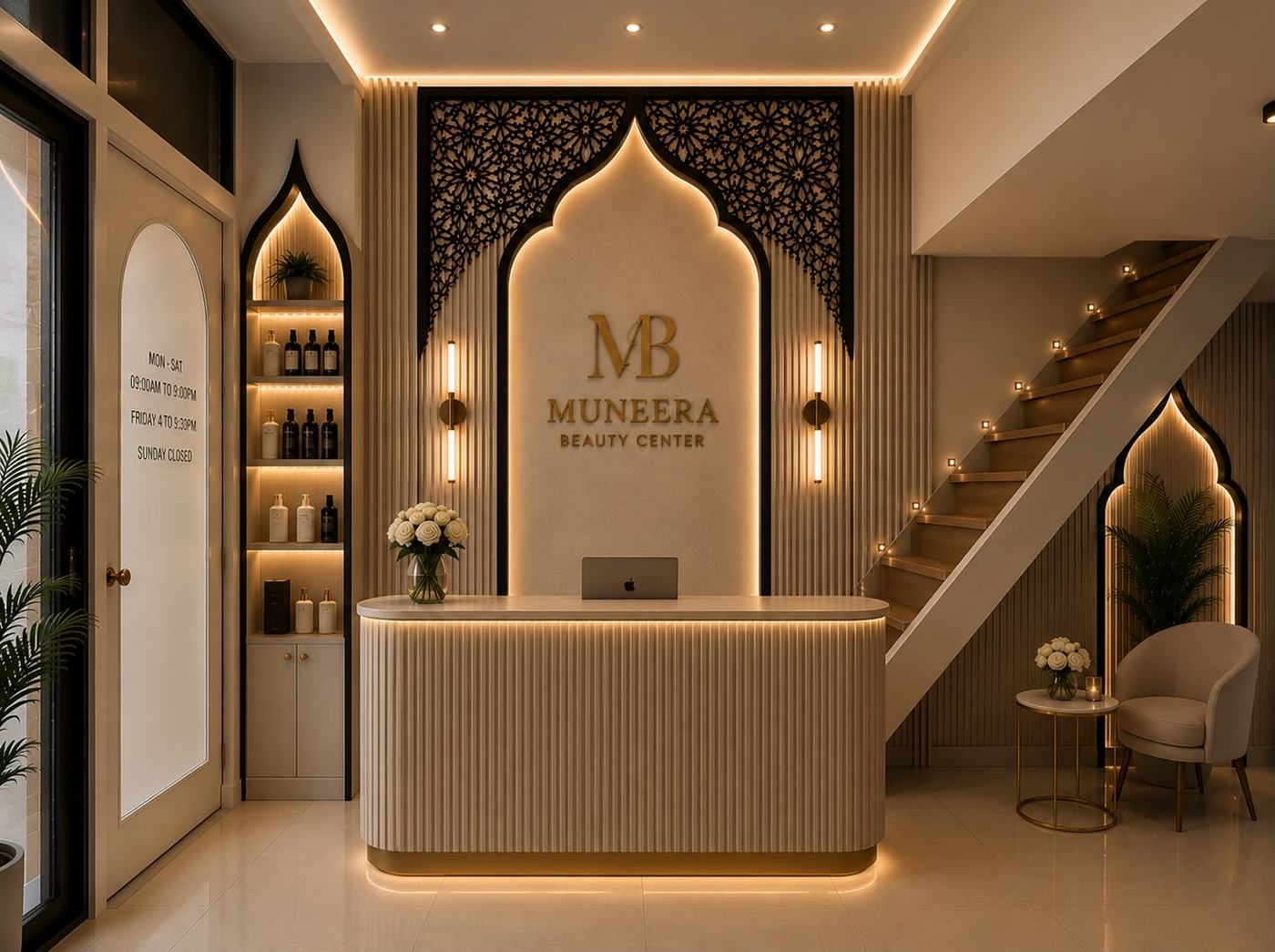 Muneera Beauty Center reception, warm gold and ivory Moroccan arch interior