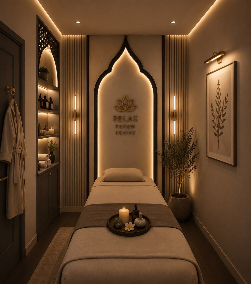 Single treatment bed beneath arched niche