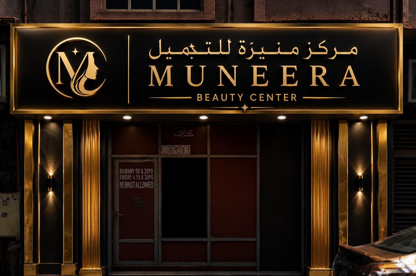 Muneera Beauty Center storefront sign at night, gold on black