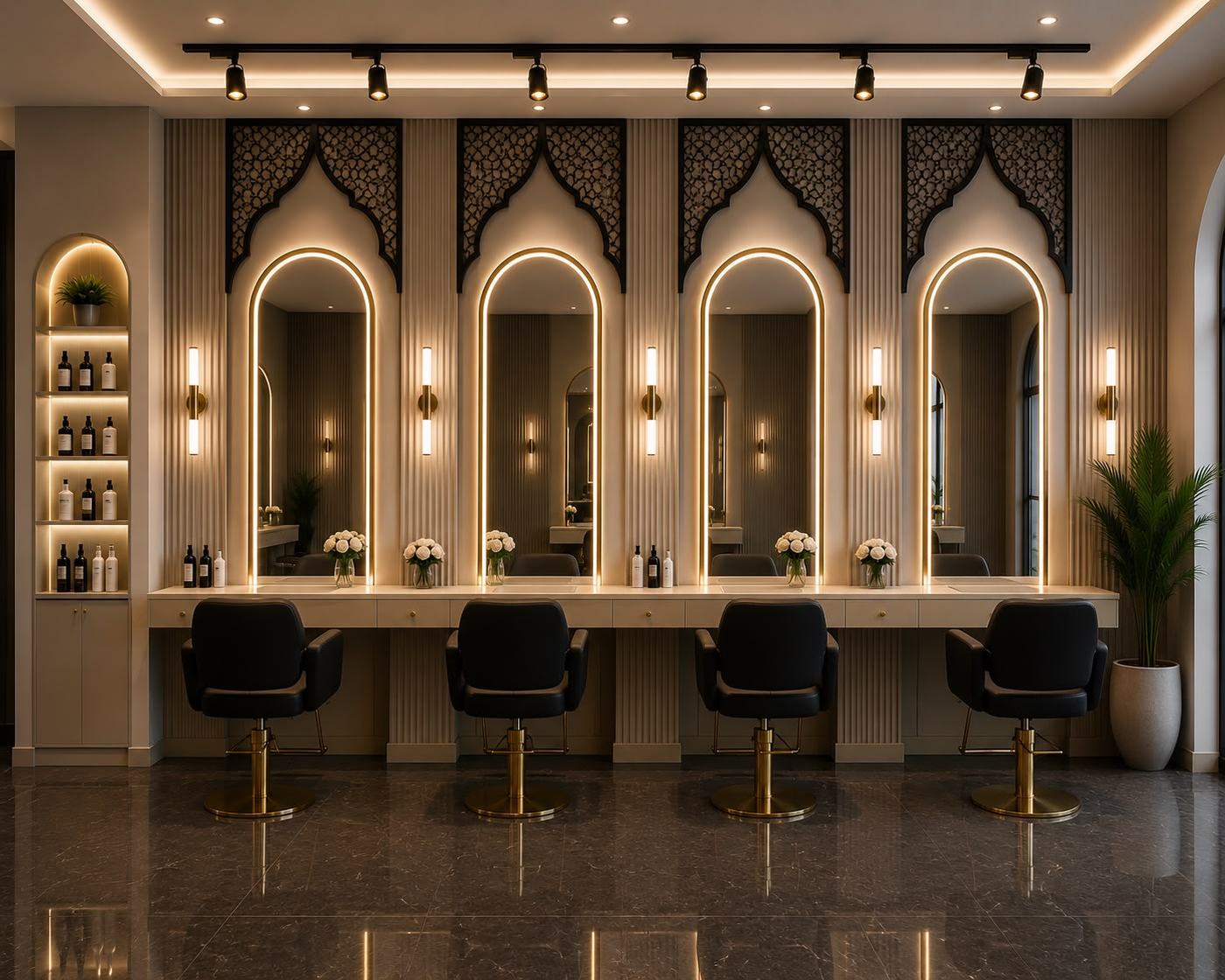 Styling stations at Muneera Beauty Center, gold-trimmed mirrors under warm arch niches