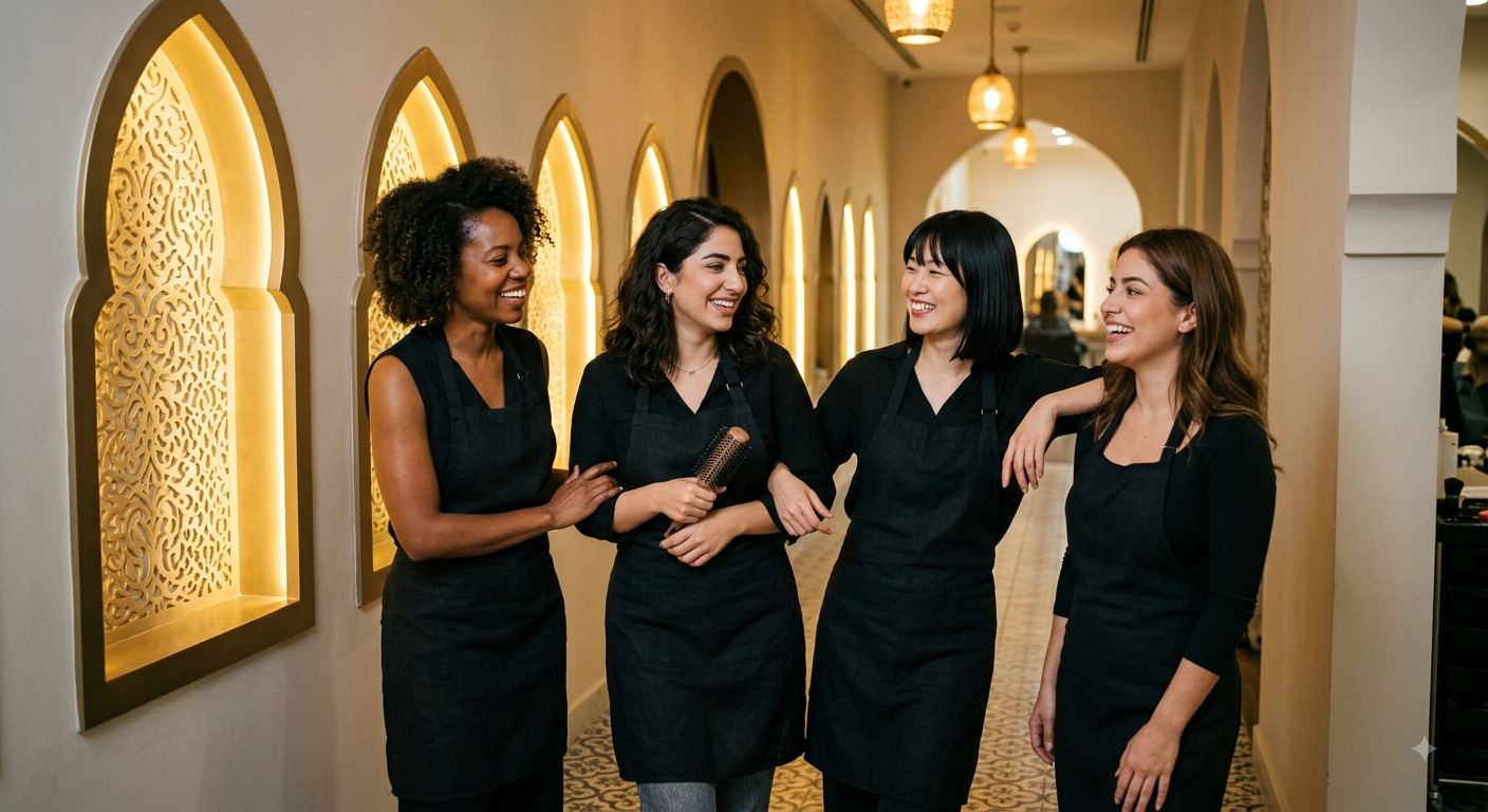 Muneera artisans laughing together in the arched hallway